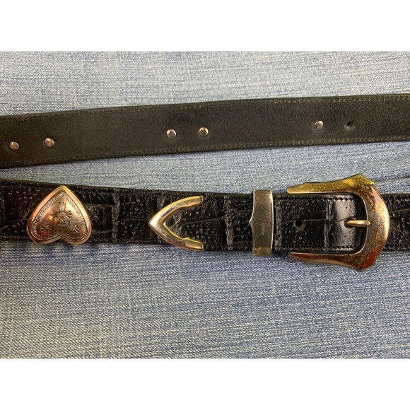 Western Alligator Print Black Leather Belt 32 L SOUTHWEST Cowgirl Metal Hearts - Picture 10 of 11